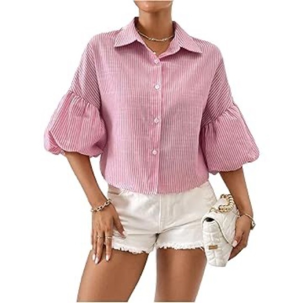 SHEIN pink and white stripe puff sleeve candy stripe button down shirt